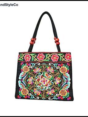 Embroidered Tote Bag Floral Ethnic Handbag Travel Beach Purse